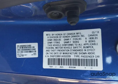 2018 Honda Civic Touring from USA, damaged, VIN 2HGFC3B91JH352209